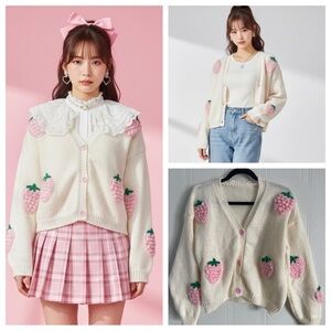 Pink Strawberry Knit Cardigan M/L 3D Fruit Coquette Cottagecore Sweater
